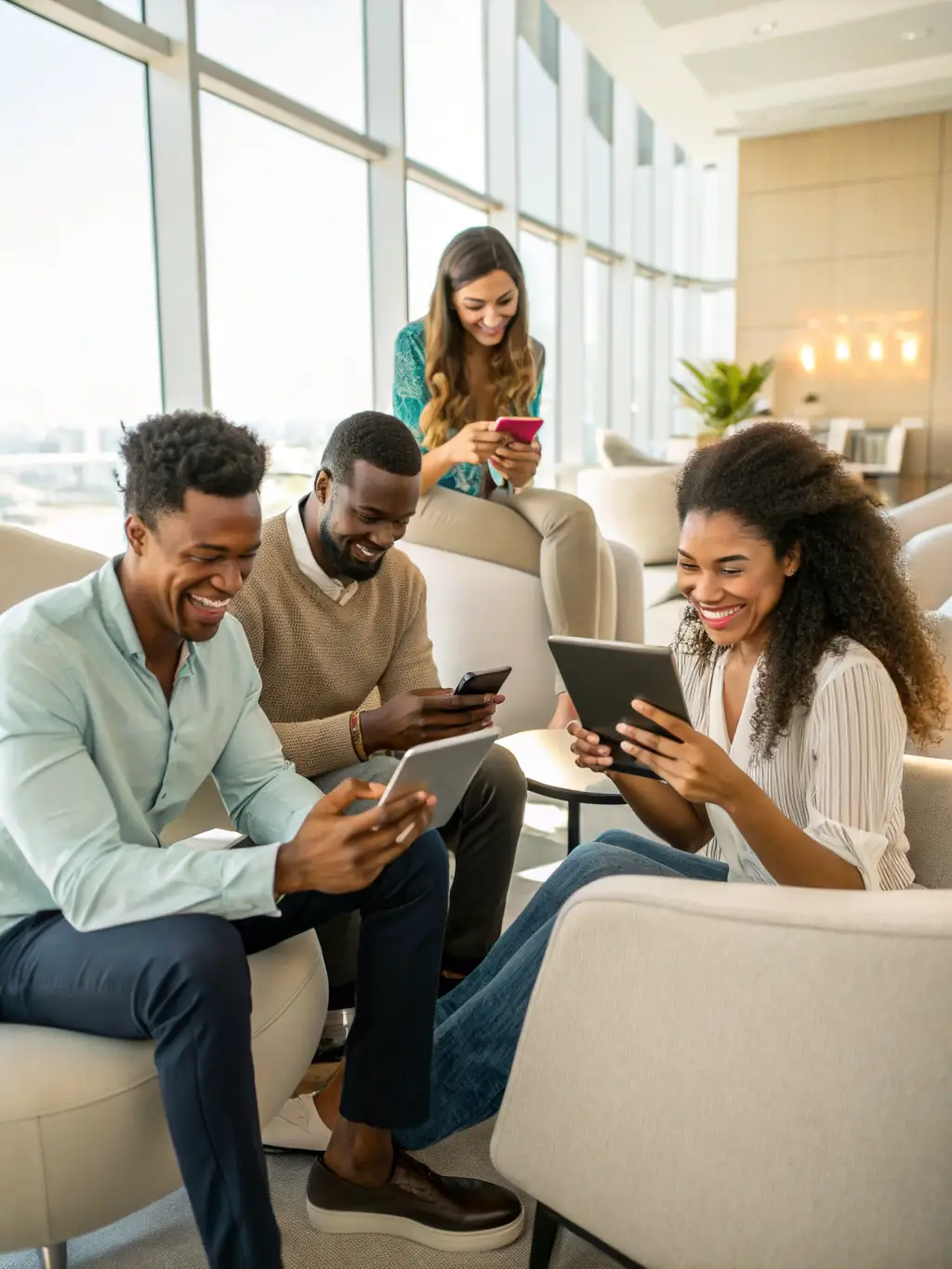 An image showcasing a diverse group of people happily using the Pin8 betting platform on various devices, representing the company's commitment to customer satisfaction.